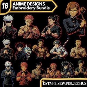 May include: A collection of 16 anime designs, perfect for embroidery projects. The designs feature various anime characters in dynamic poses, with bold outlines and detailed shading. The image includes the text "ANIME DESIGNS Embroidery Bundle".