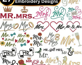 Mr & Mrs Embroidery Design Bundle, Wedding Machine Embroidery Files (Digital Download)