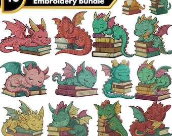 Dragon Book Embroidery Designs, Fantasy Book Reader Embroidery File, Cute Dragon with Book Embroidery, Book Lover Machine Embroidery Designs