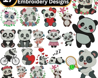 17 Panda Embroidery Designs Bundle, Cartoon Baby Animals (Digital Download)