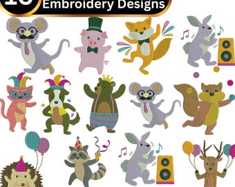 Party Animal Embroidery Designs, Fox, Bear, Bunny (Digital Download)