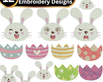 Easter Bunny Embroidery Designs – Spring Rabbit Faces, Egg Shells (Digital Download)