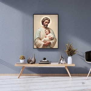 Moderne digitale print Sint-Jozef – Katholieke muurkunst – Sint-Jozef met kindje Jezus – pastelkleurige minimalistische decoratie Heilige familie