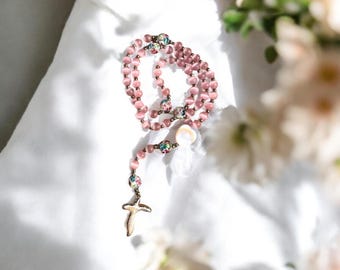 Saint Thérèse of Lisieux Rosary – Floral Glass Beads • Shell Heart Centerpiece • 18k Gold Accents • Custom Cross Options