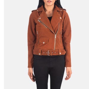 Tellson Women&#39;s Brown Suede Biker Jacket – Classic Moto Style with Belted Waist & Zipper Details