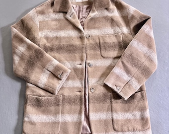 May include: A brown and white striped wool jacket with a button closure and two pockets. The jacket has a collar and a lined interior.