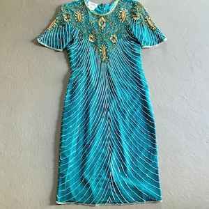 Vintage Mark & John Green Beaded Silk Bejeweled 1960s Turquoise Cocktail Dress M