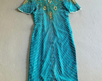 Vintage Mark & John Green Beaded Silk Bejeweled 1960s Turquoise Cocktail Dress M