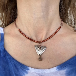 Silver Triangle Pendant Necklace, Geometric Pendant w/ Dangling Bead, Copper Beaded Necklace, Copper Bead Choker, Southwest Aztec Jewelry