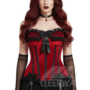 May include: Red velvet corset with black vertical stripes, bows, and lace trim. The corset features a sweetheart neckline and is paired with a black skirt and sheer gloves. The brand name "CLEENIKA" is visible.
