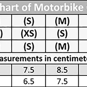 May include: A size chart for motorbike gloves with a table displaying sizing conversions for Europe, USA, Canada, and International/UK markets. The chart lists hand measurements in centimeters ranging from 5.5 cm to 13.5 cm for various sizes.