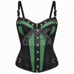 May include: Black corset with green mesh panels and accents. The corset features adjustable straps, metal eyelets, and a front closure with hooks. The word "CLERVA" is printed on the front of the corset.