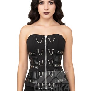 May include: Black strapless corset with a silver zip and chain detailing. The corset features faux leather panels, pockets, and silver eyelets. A stylish and edgy piece of apparel.