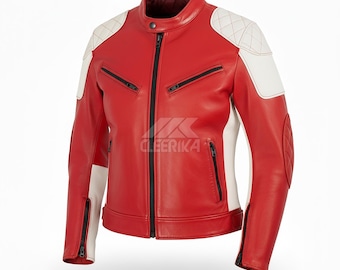 Red and White Quilted Leather Motorcycle Jacket