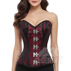May include: A red and black patterned corset with a strapless design. It has silver clasps and eyelets for lacing. The corset is made to shape the waist and create a defined figure. The garment is a classic piece of lingerie.
