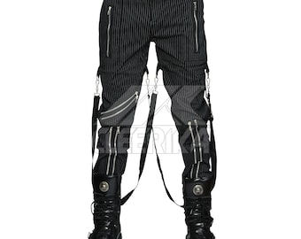Black Pinstripe Goth Punk Pants with Zippers & Straps – Industrial Alternative Trousers
