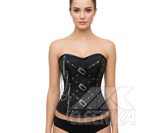 Black Gothic Buckle Corset with Chain Detail