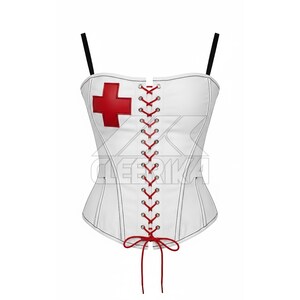 May include: White corset with a red cross emblem on the front. The corset features red lacing down the center and black shoulder straps. The garment is a costume piece.