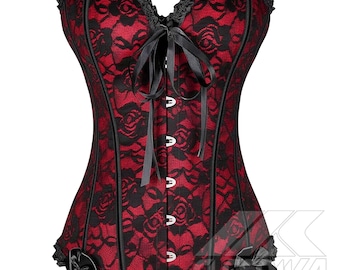 Red & Black Lace Overbust Corset | Gothic Victorian Bustier | Steampunk Waist Cincher | Romantic Evening Top