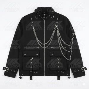 May include: Black jacket with silver chains, zips, and multiple pockets. The jacket has a high collar and adjustable straps. The design includes metal rings and buckles. The jacket is a modern, edgy style.