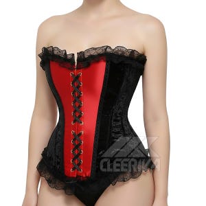 May include: A strapless corset with a red satin front panel and black velvet side panels. The corset has a lace-up closure, black lace trim, and the text "CLEERIKA" on the lower right side.