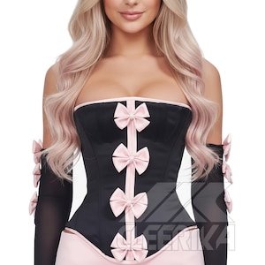 May include: Black corset with pink bows and trim. The off-the-shoulder design features pink bows down the front and on the sleeves. The corset is a classic, elegant piece.