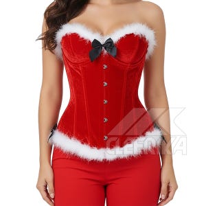 May include: Red velvet corset with white faux fur trim and a black bow. The corset has silver-coloured clasps down the front and is paired with red trousers. A festive holiday-themed outfit.