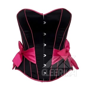 May include: Black corset with pink trim and bows. The corset has a sweetheart neckline, vertical pink piping, and silver clasps down the front. Two large pink bows are attached at the waist.