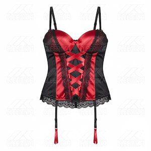May include: A black and red satin corset with lace trim and adjustable straps. The corset features a criss-cross ribbon design on the front and garter straps. The top has a sweetheart neckline and a small bow.