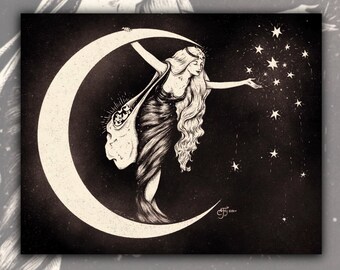 May include: Monochrome illustration of a woman on a crescent moon, wearing a crown and with long hair, conjuring stars. The artwork has a celestial theme, with a bag of skulls and a starry background.