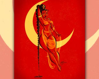 Puede incluir: Ilustración de una mujer con piel oscura y tonos rojos, posando sobre un fondo rojo con una luna creciente amarilla. Lleva un brazalete dorado y una prenda naranja fluida. Una larga trenza cuelga.