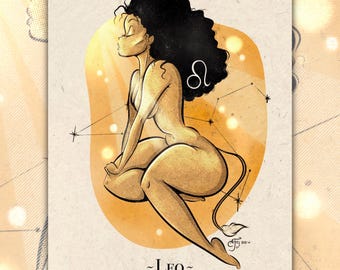 Impresión artística de astrología ~ Leo ~ Horóscopo Signo del zodiaco Impresión artística de mediados de siglo ~ AmyFitzArt ~ Arte rebelde retro