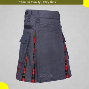 Custom Utility Kilt for Men Handmade Black Denim & Wallace Tartan Utility Hybrid Kilt  Scottish Tartan Cargo Pockets
