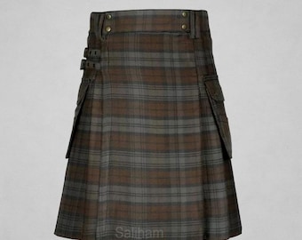 Handmade Black Watch Tartan Utility Kilt: Acrylic Wool, Cargo Pockets