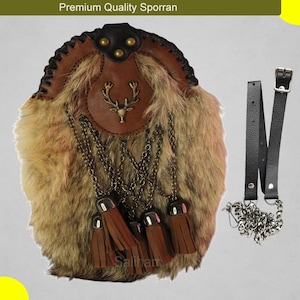 Premium Fur Sporran with Stag Badge  Scottish Highland Kilt Accessory  Handmade Leather Sporran with Chain Strap