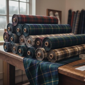 May include: A collection of rolled plaid fabric bolts in various colors, including red, green, blue, and brown. The bolts are stacked on a wooden table near a window, with additional rolls visible in the background. A piece of fabric is draped on the table.