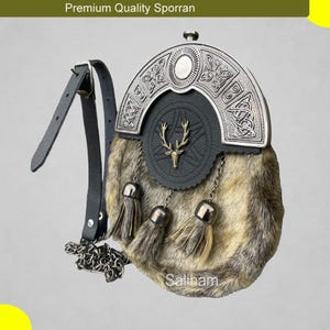 Stag Head Fur Sporran with Celtic Cantle | Handmade Scottish Kilt Accessory |  Fur Highland Sporran for Men