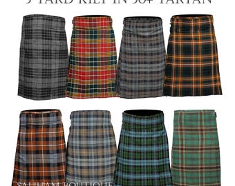 Kilt escocés de tartán de 5 yardas para hombre, estilo tradicional de las Tierras Altas, para bodas y ocasiones formales. Disponible en más de 50 tartanes.