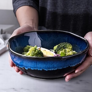 Italian Style Blue Glazed Ceramic Bowl | Irregular Pasta Salad Fruit Dish | Italian Style Kitchenware | Creative Dessert Serving Bowl