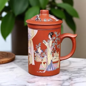 Taza de té de dragón de arcilla morada hecha a mano con tapa e infusor / Taza de té de cerámica para oficina / Regalo único / Taza de té de kung fu chino