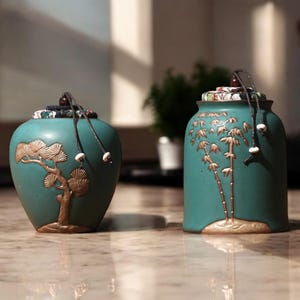Japanese Ceramic Tea Caddy | Hand-Painted Embossed Jar | Retro Handmade Storage Container | Coffee Bean Canister | Teaware Gift Box