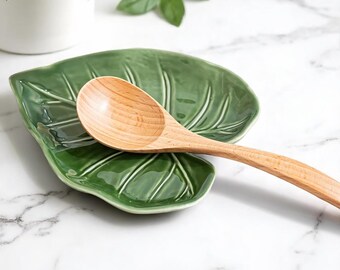 Support De Cuillère En Céramique Forme Feuille Verte - Pratique Et Décoratif Pour La Cuisine, Lavable Au Lave-vaisselle