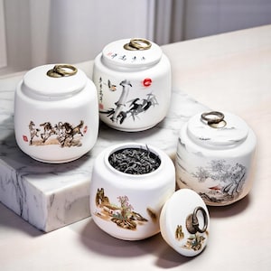 Ceramic Tea Caddy with Lid | White Classical Bird & Flower Jar | Sealed Food Storage Container | Vintage Kitchen Decor Canister