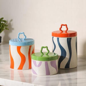 Boîte de rangement en céramique | Conteneur de dessin animé géométrique coloré | Bonbonnière, boîte à bijoux, vase, organiseur de bureau, idée cadeau