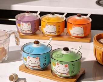 Hand-painted Maneki Neko Ceramic Jar | Lucky Cat Kitchen Decor - Etsy