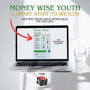 May include: A laptop screen shows a financial literacy guide called "Money Wise Youth." The PDF printable format includes sections on saving, investing, and budgeting. The laptop is on a white surface, with a glass and a bottle in the background.