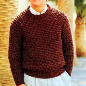May include: A dark brown knitted sweater with a crew neck and raglan sleeves. The sweater has a ribbed hem and cuffs. The person is wearing a white collared shirt underneath. The sweater is a medium weight and appears to be handmade.