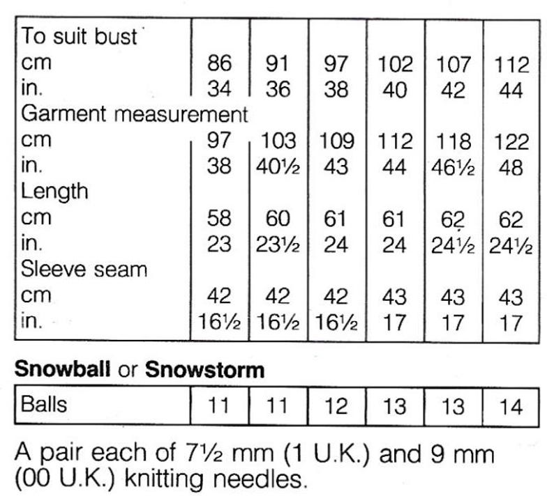 May include: A black and white chart with measurements for a garment, including bust size in inches and centimeters, garment measurements, length, and sleeve seam. The chart also lists the number of balls of yarn needed for different sizes.