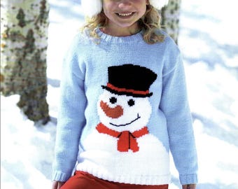 Patrones de tejido de jersey de muñeco de nieve navideño para niños, tallas de 2 a 13 años, descarga en PDF