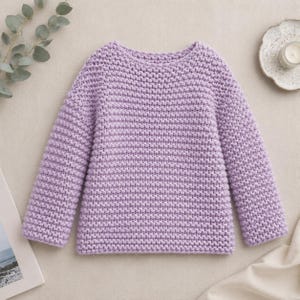Könnte beinhalten: Ein langärmeliger Pullover in hellem Lavendel, der durchgehend mit einem markanten, strukturierten Strickmuster versehen ist. Der Pullover hat einen einfachen Rundhalsausschnitt und gerade Ärmel mit einem gleichmäßigen Maschenbild.